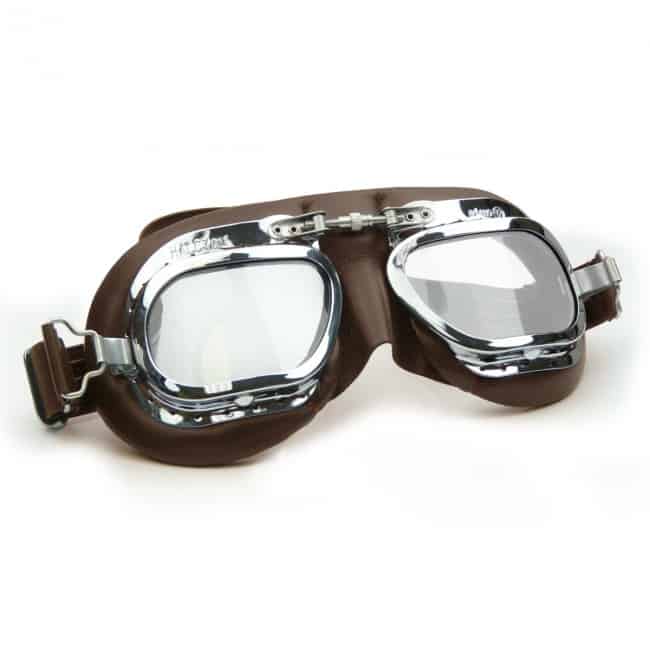 mirrored lenses REAL-LEATHER chrome frame Motorcycle goggles brown 